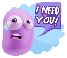 3d Rendering Sad Character Emoticon Expression saying I Need you