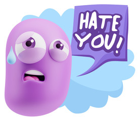 3d Rendering Sad Character Emoticon Expression saying Hate You w