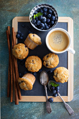 Blueberry muffins on a tray