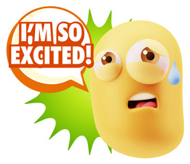 3d Rendering Sad Character Emoticon Expression saying I'm so Exc