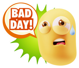 3d Rendering Sad Character Emoticon Expression saying Bad Day wi