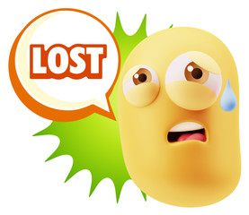 3d Rendering Sad Character Emoticon Expression saying Lost with