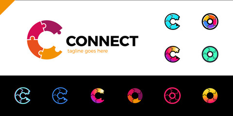 C letter logo icon template. Puzzle connectivity,Technology, network, digital, Company logotype Vector Illustration set. 11 colorful logos in different style