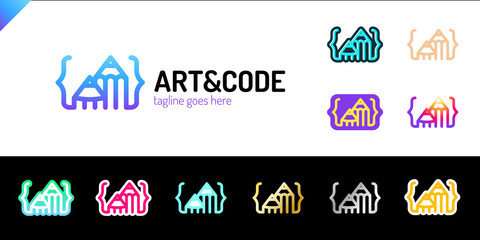 Two pencil with coding symbol. Arrow up pen, mountain design studio logotype set. Media logo sets. 11 colorful logos in different style