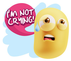 3d Rendering Sad Character Emoticon Expression saying I'm Not Cr