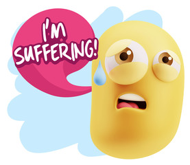 3d Rendering Sad Character Emoticon Expression saying I'm Suffer