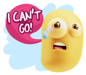 3d Rendering Sad Character Emoticon Expression saying I Can't Go