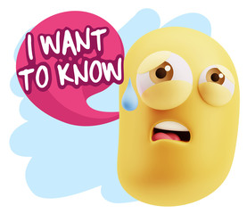 3d Rendering Sad Character Emoticon Expression saying I Want to