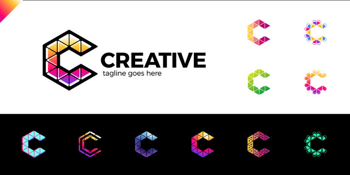 Clever, Creative, triangle, Colorful, Letter C logo. Smart and idea logotype set. 11 colorful logos with different style