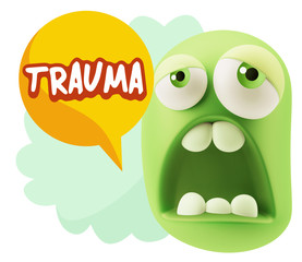3d Rendering Sad Character Emoticon Expression saying Trauma wit