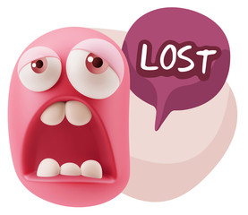 3d Rendering Sad Character Emoticon Expression saying Lost with