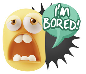 3d Rendering Sad Character Emoticon Expression saying I'm Bored