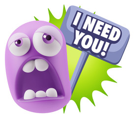 3d Rendering Sad Character Emoticon Expression saying I Need you