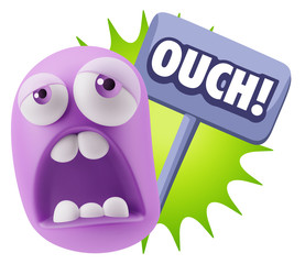 3d Rendering Sad Character Emoticon Expression saying Ouch! with