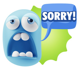 3d Rendering Sad Character Emoticon Expression saying Sorry with