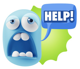 3d Rendering Sad Character Emoticon Expression saying Help! with