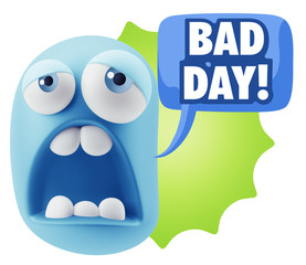 3d Rendering Sad Character Emoticon Expression saying Bad Day wi