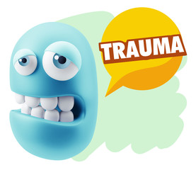 3d Rendering Sad Character Emoticon Expression saying Trauma wit