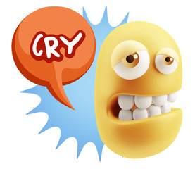 3d Rendering Sad Character Emoticon Expression saying Cry with C