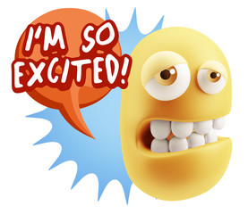 3d Rendering Sad Character Emoticon Expression saying I'm so Exc