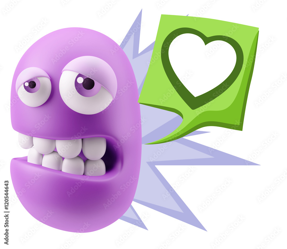 Poster 3d rendering sad character emoticon expression saying heart shap