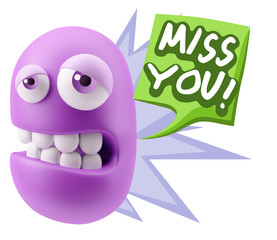 3d Rendering Sad Character Emoticon Expression saying Miss You w