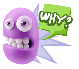 3d Rendering Sad Character Emoticon Expression saying Why? with