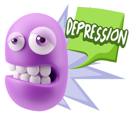 3d Rendering Sad Character Emoticon Expression saying Depression