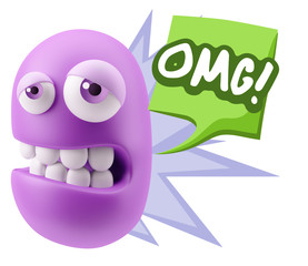 3d Rendering Sad Character Emoticon Expression saying OMG with C