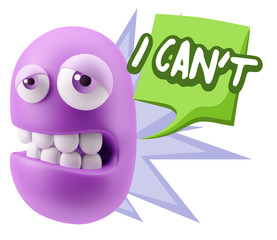 3d Rendering Sad Character Emoticon Expression saying I Can't wi