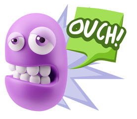 3d Rendering Sad Character Emoticon Expression saying Ouch! with