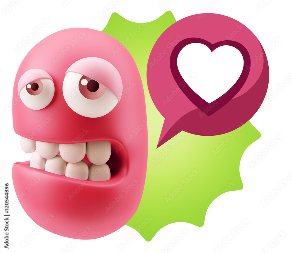 Poster 3d rendering sad character emoticon expression saying heart shap
