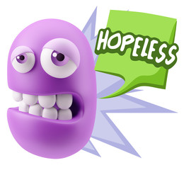 3d Rendering Sad Character Emoticon Expression saying Hopeless w