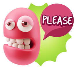 3d Rendering Sad Character Emoticon Expression saying Please wit
