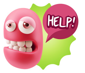 3d Rendering Sad Character Emoticon Expression saying Help! with