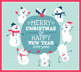 Christmas card with cute little snowman & friends