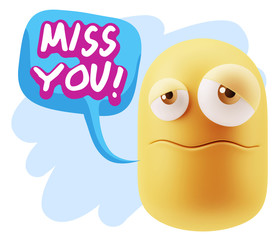 3d Rendering Sad Character Emoticon Expression saying Miss You w