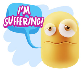 3d Rendering Sad Character Emoticon Expression saying I'm Suffer