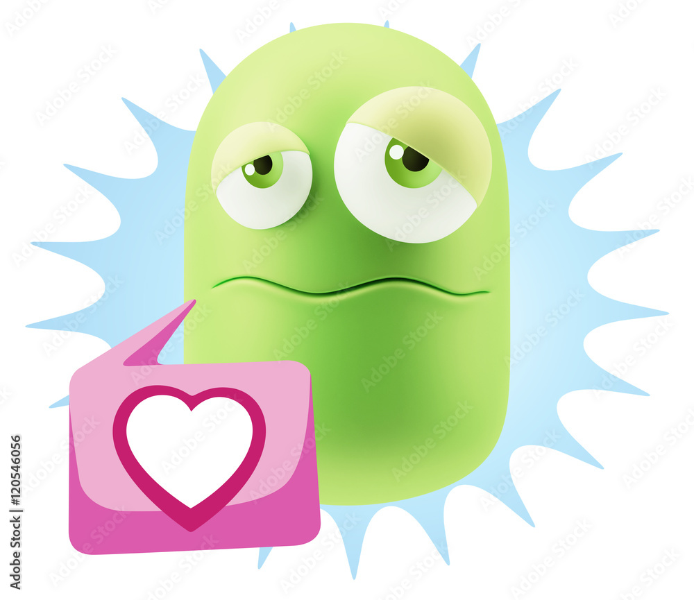 Poster 3d rendering sad character emoticon expression saying heart shap