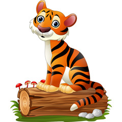 Cartoon tiger sitting on tree log