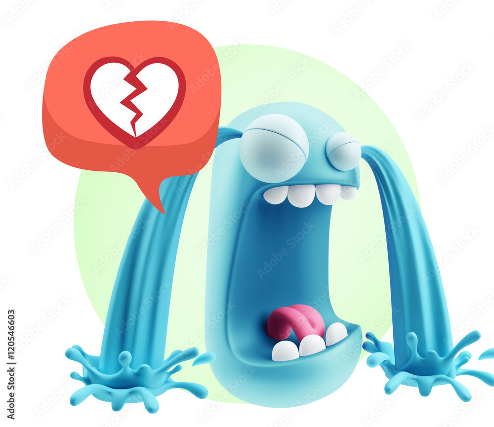 Poster 3d Rendering Sad Character Emoticon Expression saying Broken Hea