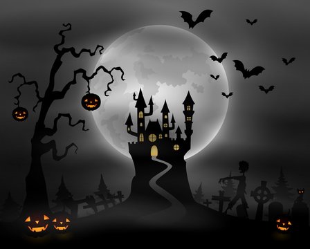 Halloween night background with zombie walking, pumpkins, castle and full moon 