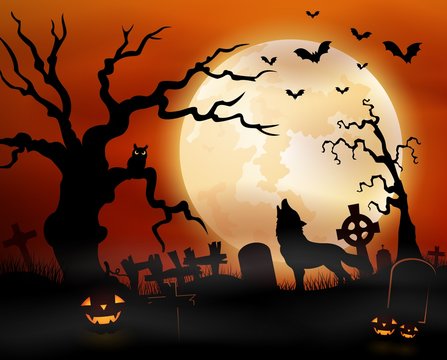 Halloween night background with wolf howling, pumpkins, owl on tree and full moon