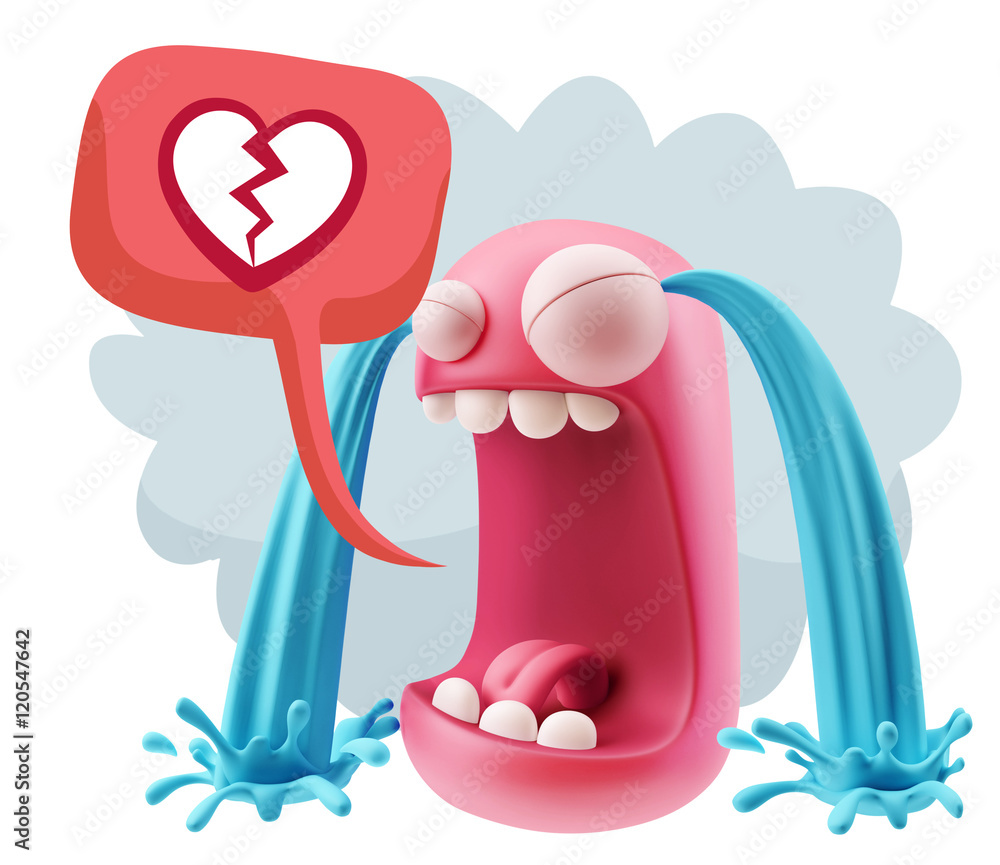Poster 3d rendering sad character emoticon expression saying broken hea