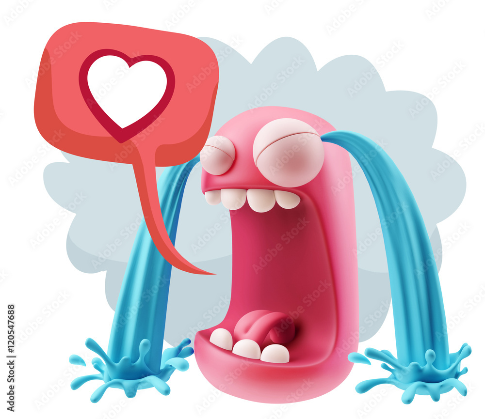 Poster 3d rendering sad character emoticon expression saying heart shap