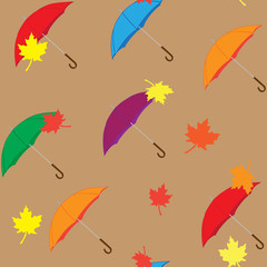 
Seamless pattern of umbrellas and leaves , autumn theme