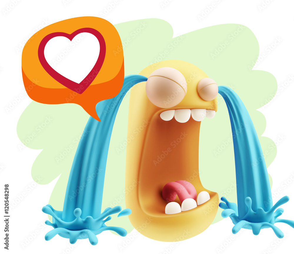 Poster 3d rendering sad character emoticon expression saying heart shap