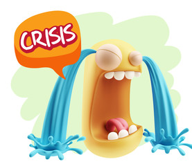 3d Rendering Sad Character Emoticon Expression saying Crisis wit