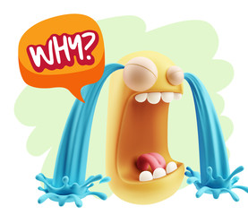 3d Rendering Sad Character Emoticon Expression saying Why? with