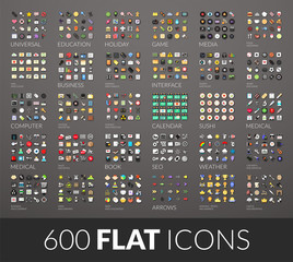 Large icons set, 600 vector pictogram of flat colored with shadows - obrazy, fototapety, plakaty